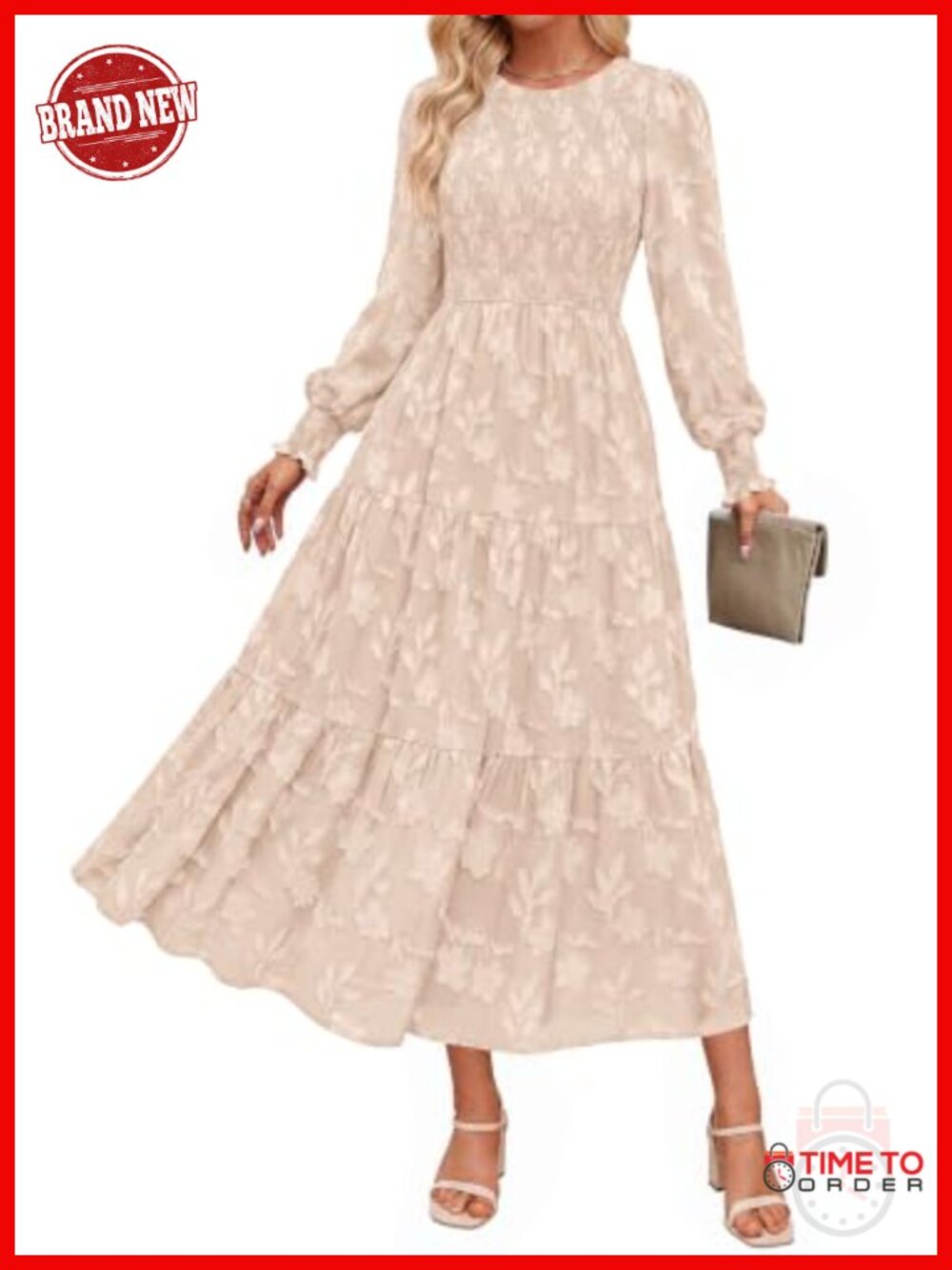 Floral Jacquard Midi Dress Long Lantern Sleeve Semi Formal